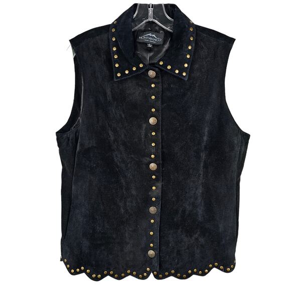 Montanaco black suede Western collared vest scalloped hem studs Large - Picture 1 of 7